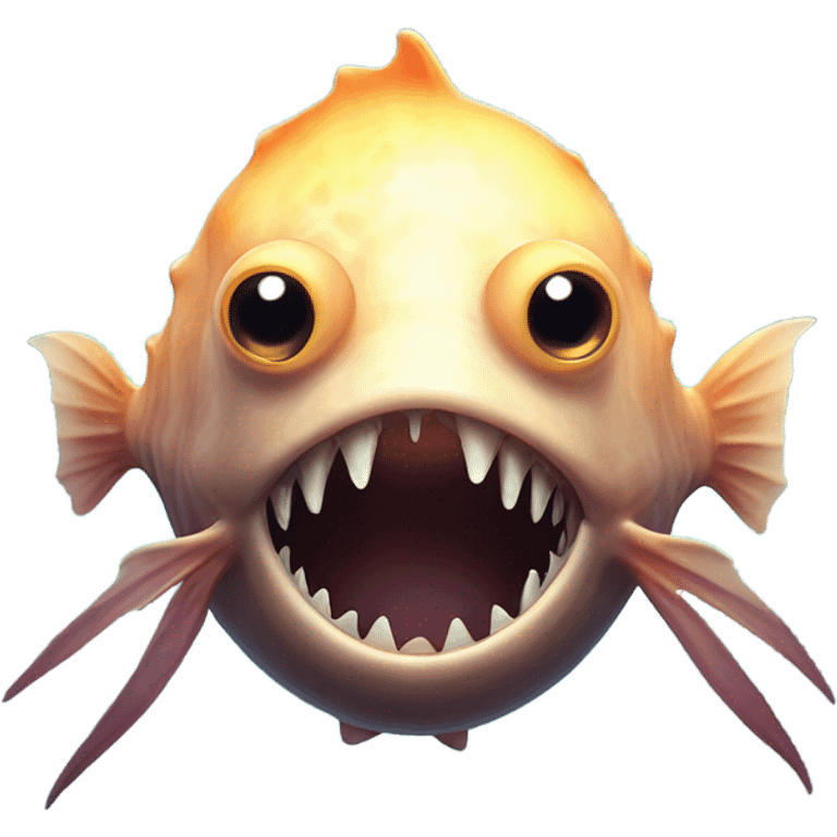 Anglerfish with a glowing lure hanging from its forehead, sharp teeth, and big eyes. emoji