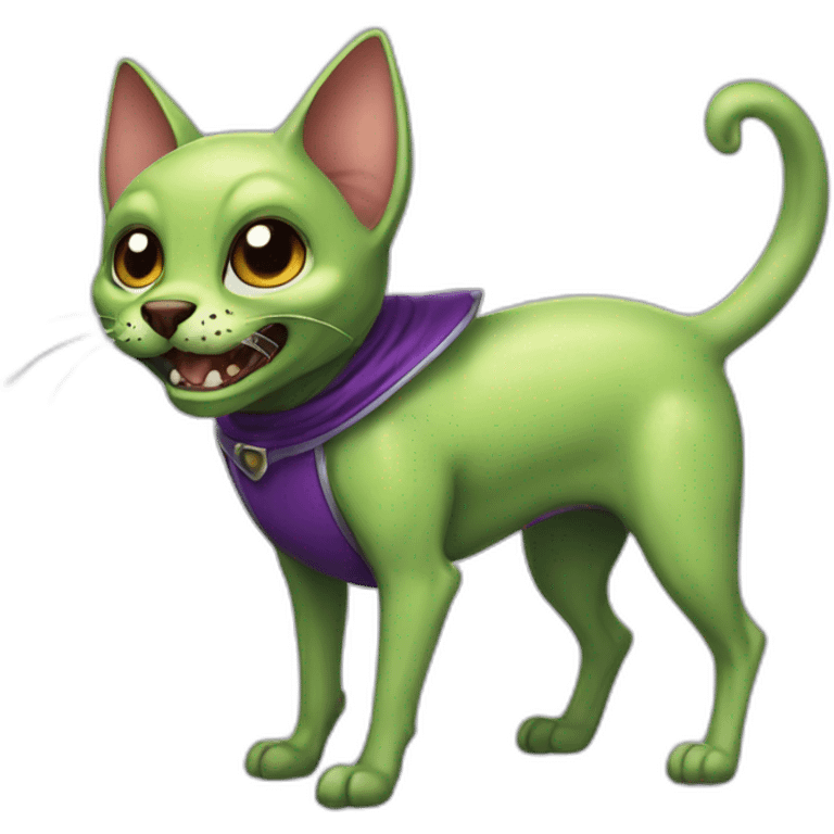 cartoon alien cat-dog with big fangs and a cape and without ears emoji