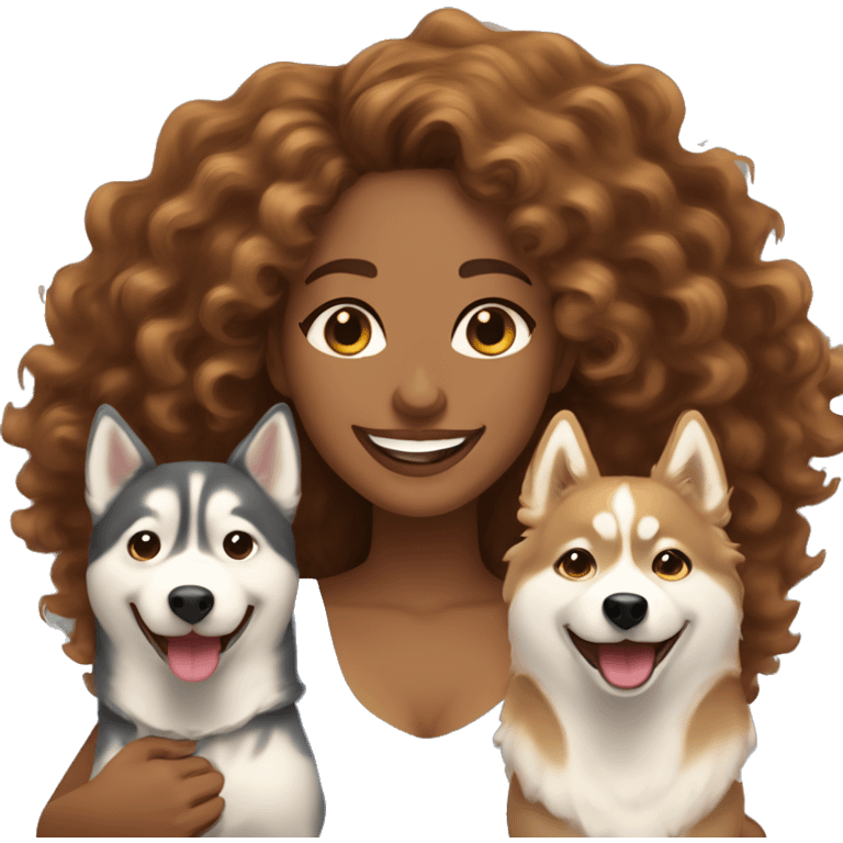 light skin woman with long honey brown curly hair expressing joy alongside two husky's emoji