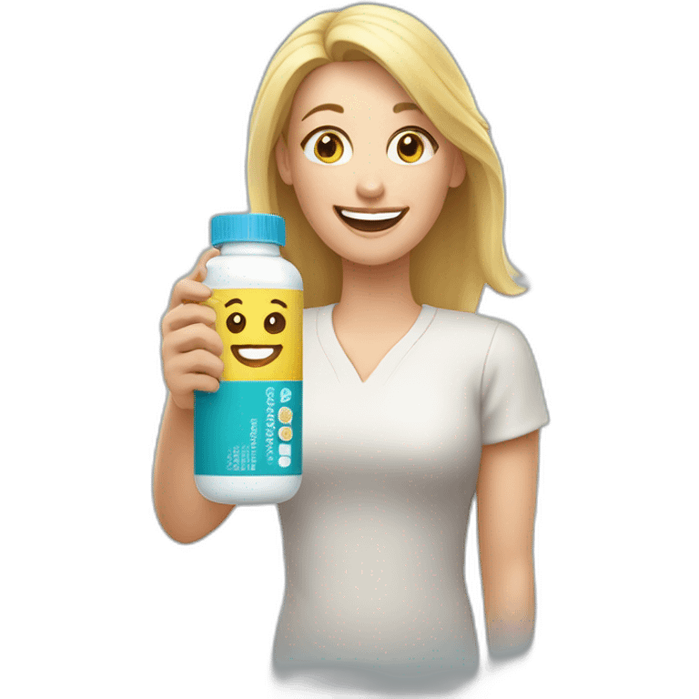 Happy blonde Mom holding iburprofen pill bottle emoji