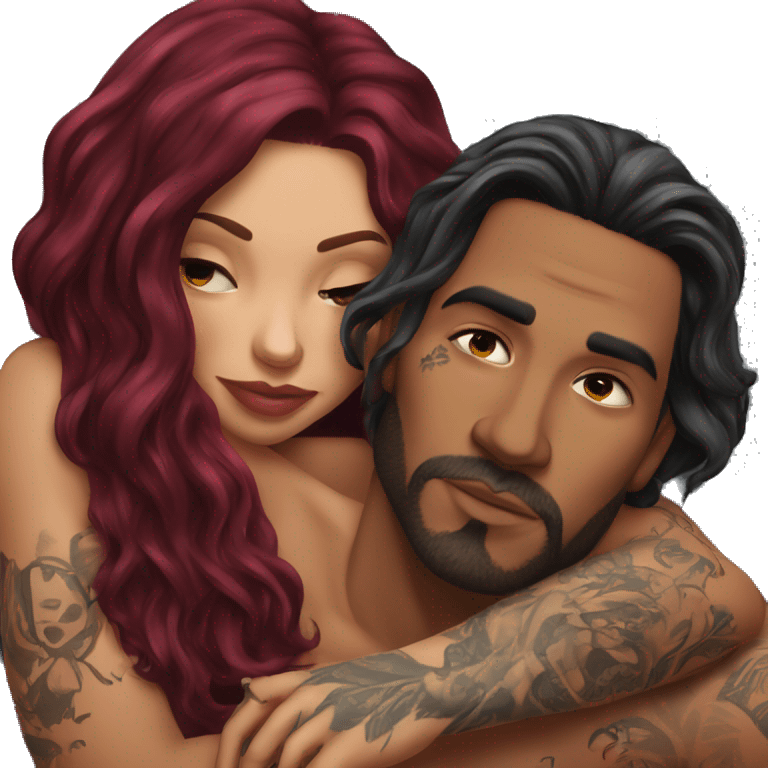 Beautiful tattooed burgundy long haired woman laying on her boyfriends chest emoji