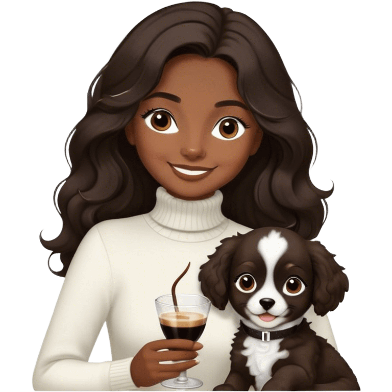 Girl with winged liner. Hair long wavy like Lana del Rey. Hair dark brown. Eyes dark brown. Holding an espresso martini and a black & white little puppy. Wearing a black turtleneck. Looking happy and smiling.  emoji