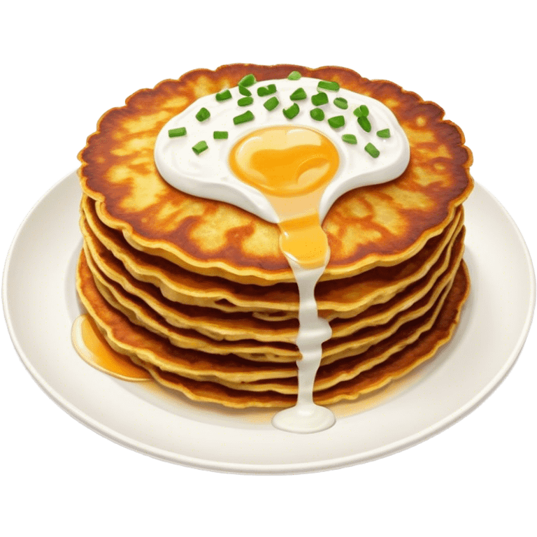 Cinematic Realistic Placki Ziemniaczane Dish Emoji, depicted as crispy potato pancakes served with sour cream rendered with vivid textures and warm, appetizing lighting. emoji