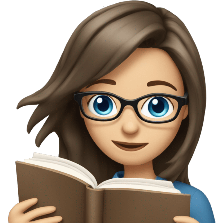 bob haired Brunette with glasses and blue eyes Girl reading a book. Girl has blue eyes emoji