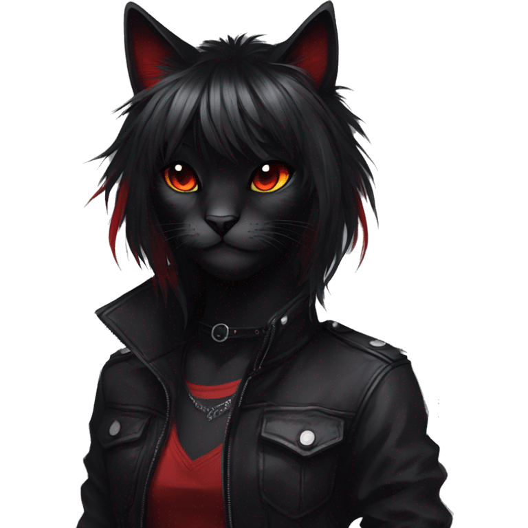 Anthro Edgy Cool Beautiful Black Cat-Fursona with Emo Hair-bangs with Red Streaks emoji