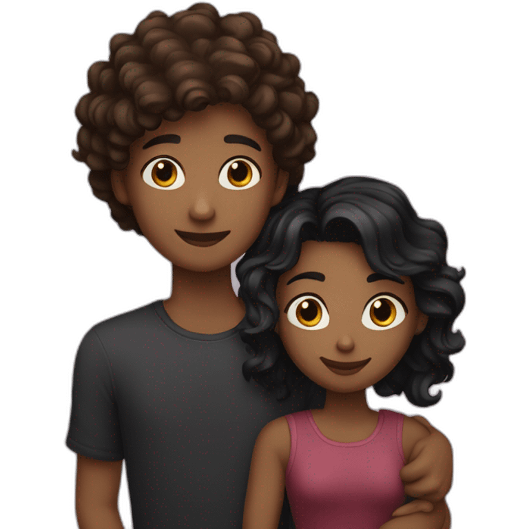 Girl with raven wolfcut hair and boy with brunette wavy hair hugging emoji