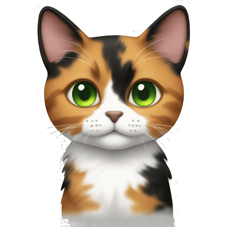 calico cat with a mix of black, orange, and white fur, green eyes emoji