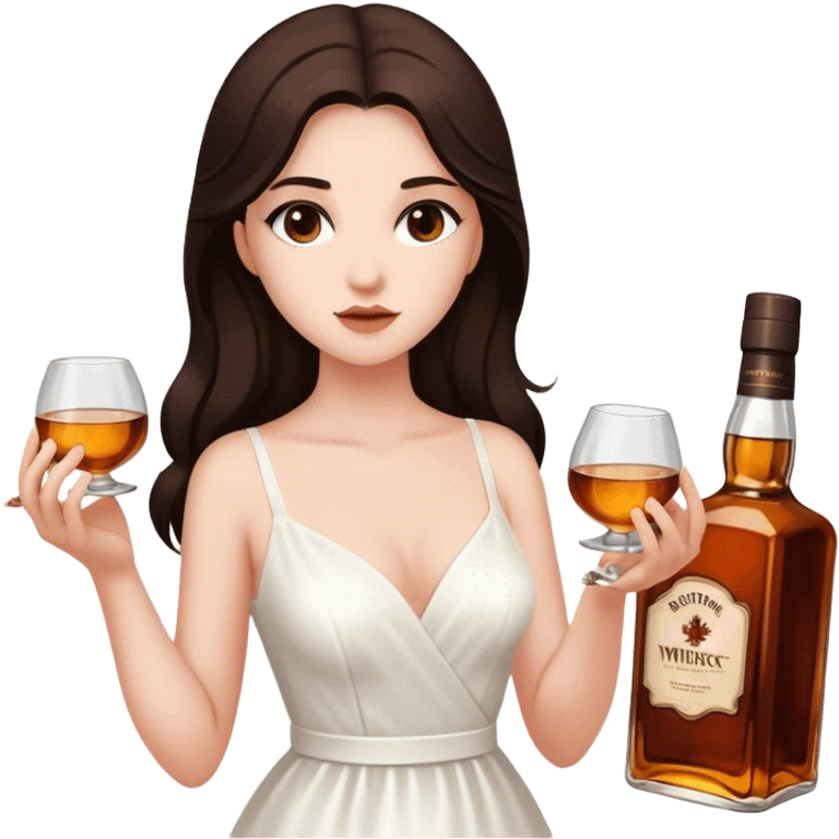 Beautiful woman in 1950’s woman fashion look, white dress, long dark brown hair, whisky with ice emoji