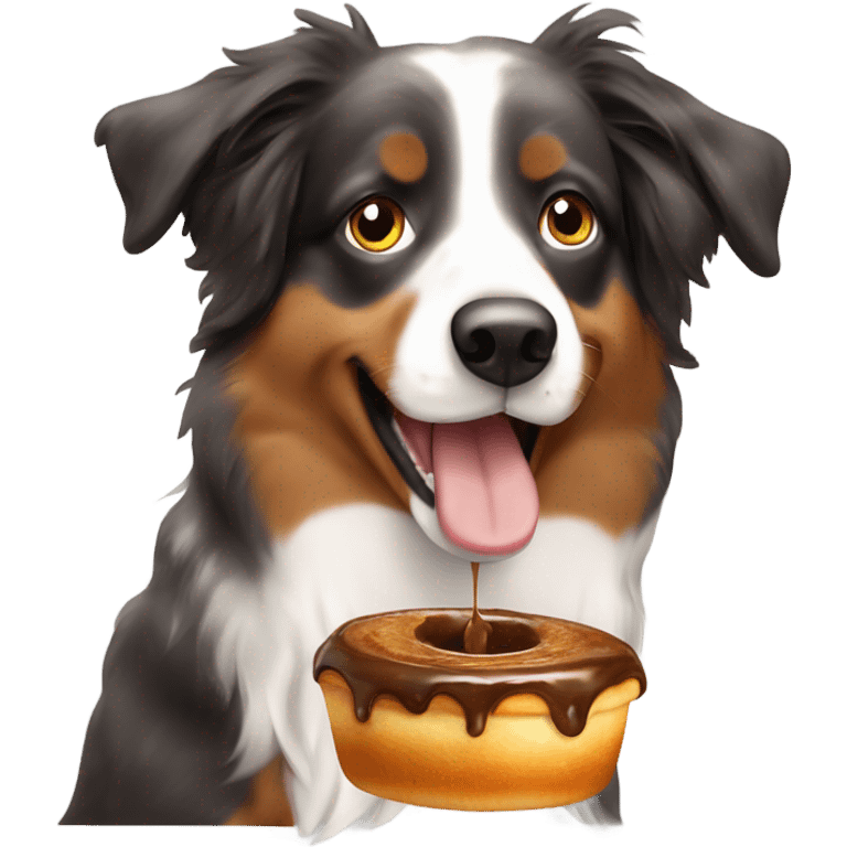 Australian Shepherd eating Yorkshire pudding with gravy emoji