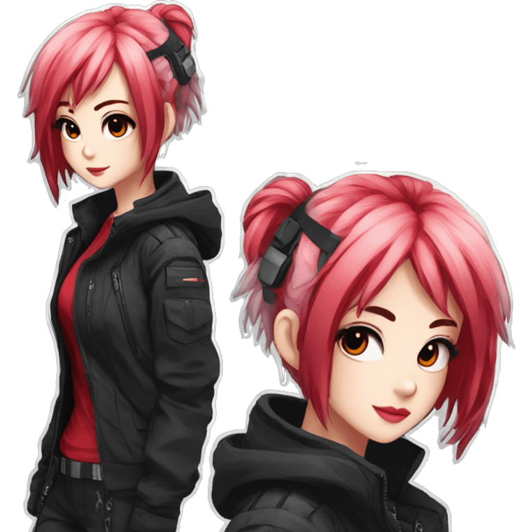 Gorgeous techwear anime style lady with blushing face aesthetic and pretty edgy black red punk hair with hair garment trending style emoji