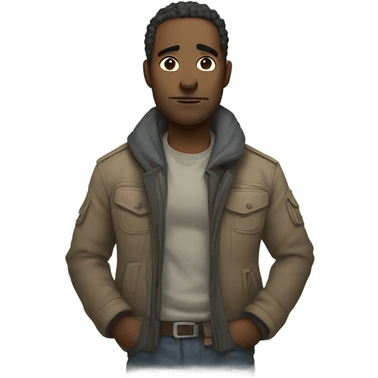 character with tired, weary eyes and subtle scars, showing someone who’s lost everything but is determined to make things right. Add a rugged jacket or worn gear for a badass vibe, with muted colors and a slight smirk to reflect resilience. emoji