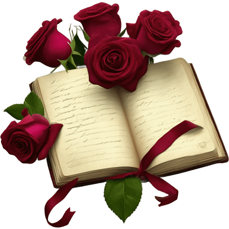 A crimson bouquet of roses with a silk ribbon and an old handwritten diary emoji