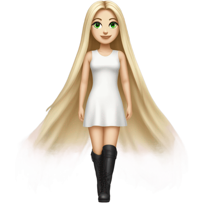 Realistic White girl with Long straight blonde hair, green eyes, tattoos, full body wearing white dress and pink knee-high leather boots, posing emoji