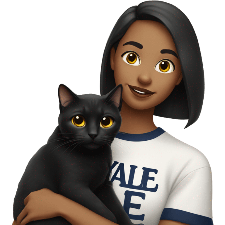 girl wearing Yale T-shirt with black cat selfie emoji