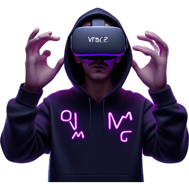 Russian man wearing a black hoodie with "OMG" letters on it and VR headset oculus quest 2 in a cyberpunk VR environment with violet neon lighting. Showing direction with hand emoji