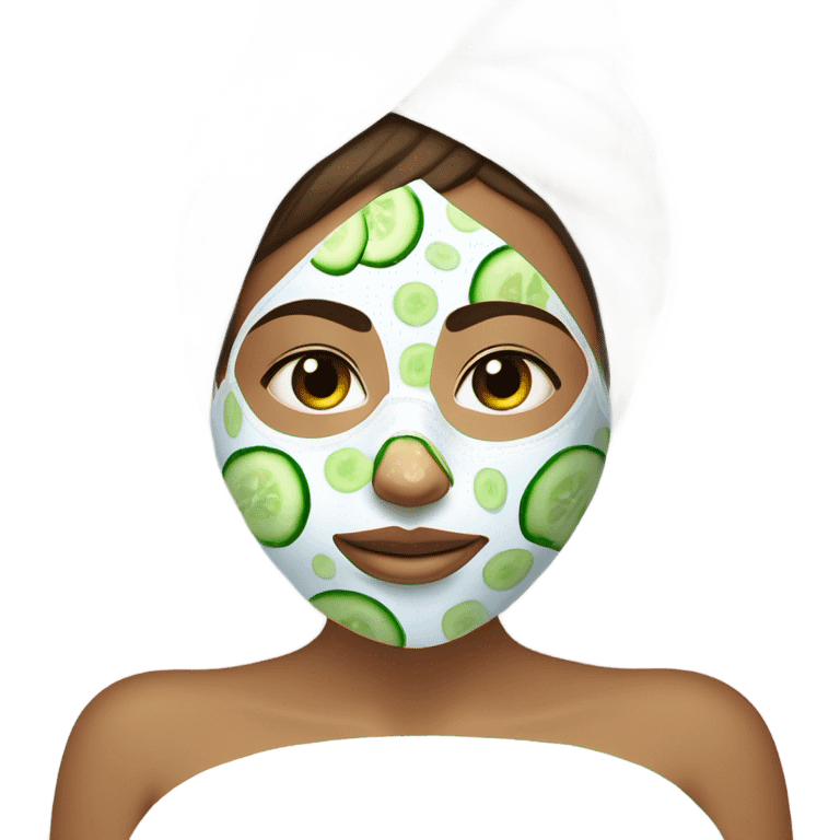 Girl with freackles Brown hair white skin and blue eyes wears Green colored texture skin care mask while She relaxes and puts two round piece of cucumber on her closed eyes In a white Robe emoji