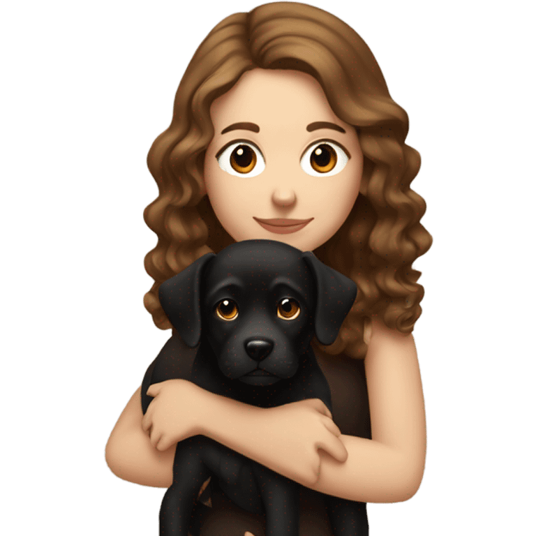 white girl with wavy brown hair holding black dog emoji