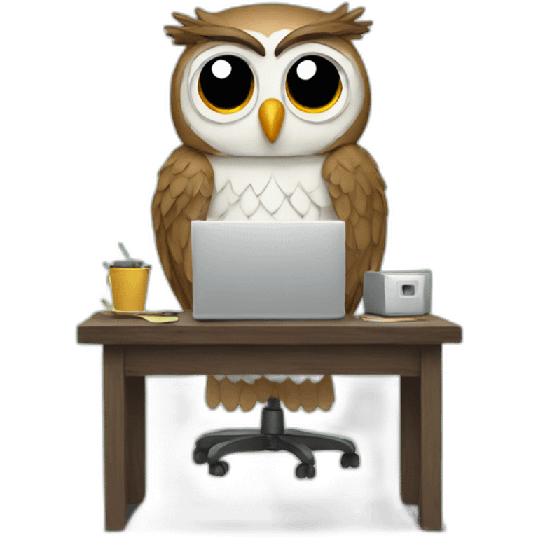 Sad tired owl is working on computer emoji