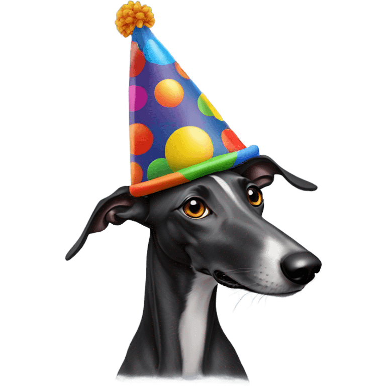 Black greyhound wearing a clown hat emoji