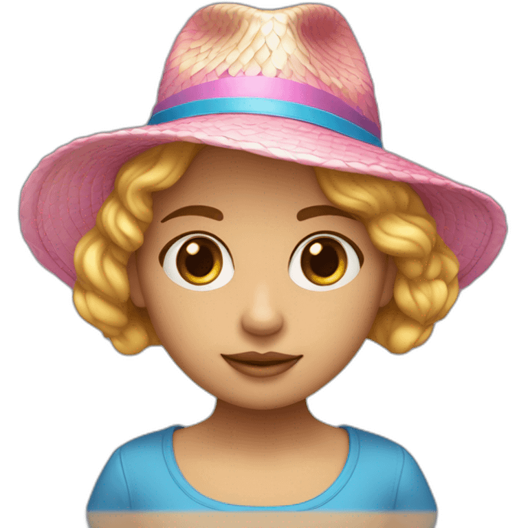 Una niña con cabello rubio corto con corte degradado, sombrero para verano rosa claro y una casaca grande azul y lentes oscuros emoji