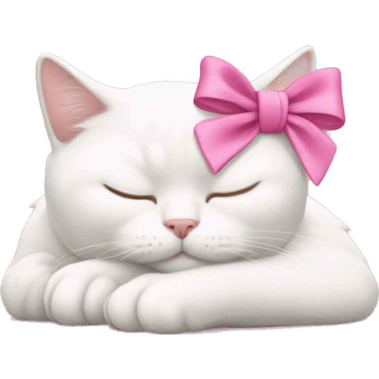 White cat sleeping with pink bow on head emoji