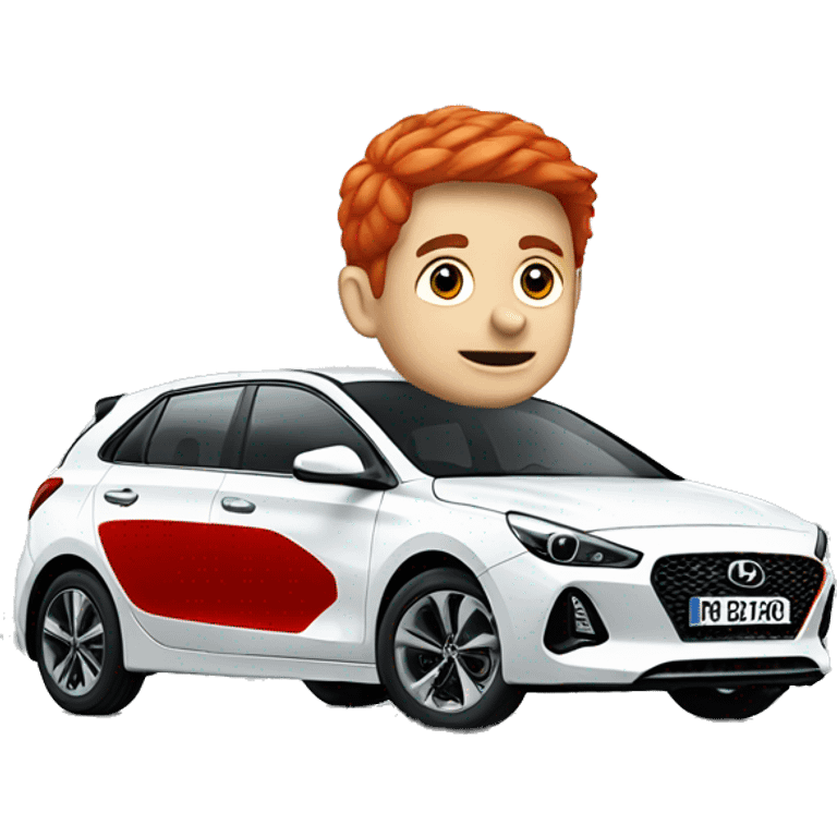 Boy with red mullet driving a white Hyundai i30 emoji