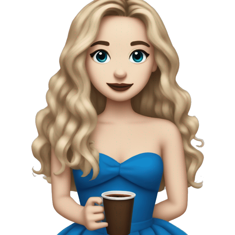 sabrina carpenter with a strapless blue dress with an espresso coffee cup in hand emoji