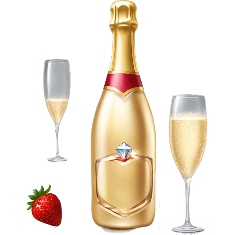 Realistic sparkling diamond glam bottle of champagne with matching skinny glass filled with the champagne with strawberry in the bottle of glass. emoji