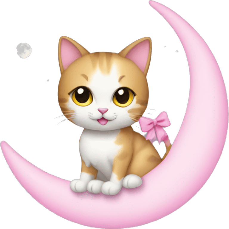 cat with pink bow sitting on the moon emoji