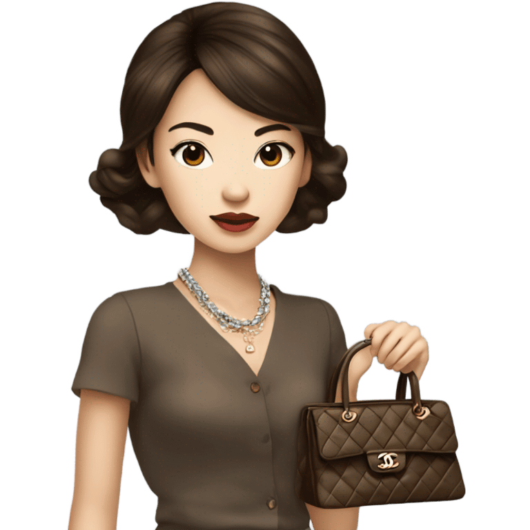 Realistic brown hair blue eyes Chanel Asian Girl with Birkin bag and Chanel necklace emoji