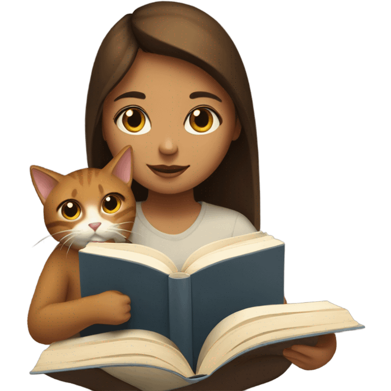 Girl reading book with your cat brown and white emoji