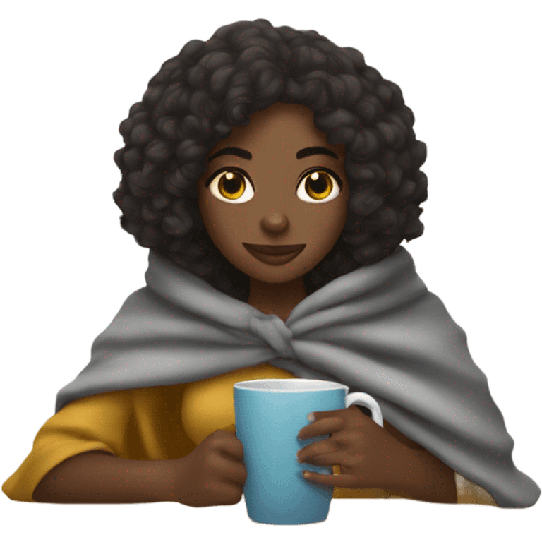 Black girl with shoulder length curly hair drinking from a mug while wrapped in a poncho emoji