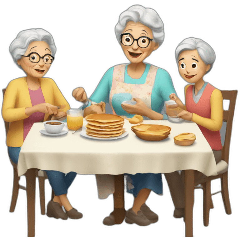 Granny with family in the table eat pancakes emoji