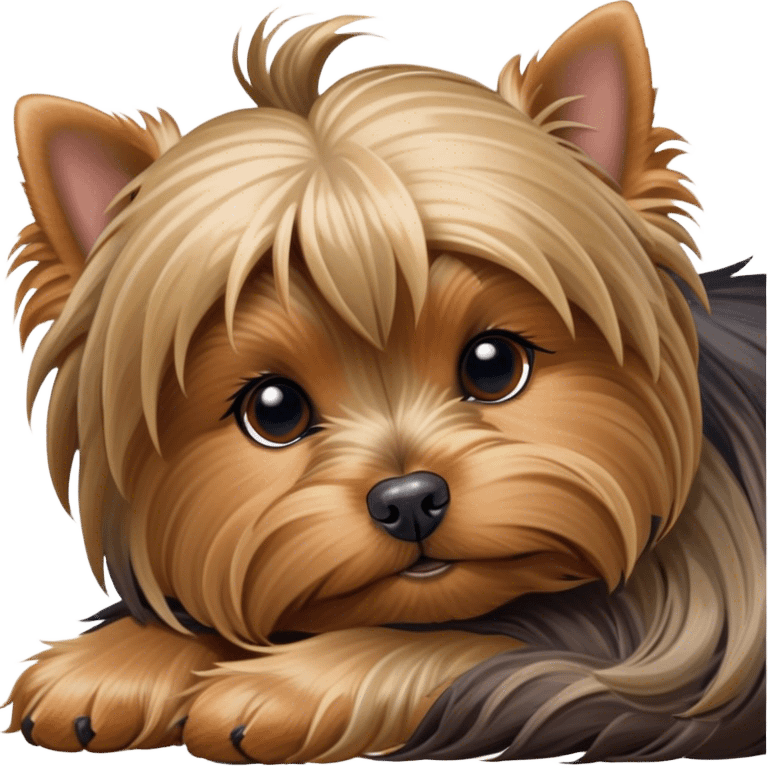 Meme-Worthy Cute Sleeping Yorkshire Terrier Portrait Emoji, Head resting gently with a peaceful, contented expression and softly closed, dreamy eyes, featuring a well-groomed, silky fur in rich hues, simplified yet irresistibly endearing, highly detailed, glowing with a gentle, drowsy radiance, high shine, exuding relaxed, heart-melting charm, styled with a soft glowing outline, capturing the essence of a sleeping Yorkshire Terrier that looks as if it could drift off into a sweet, meme-worthy slumber! emoji