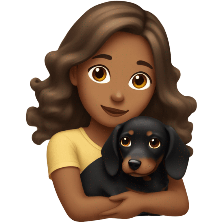 Brown long wavy hair girl cuddling a small brown shorthair dachshund and fluffy black dog emoji