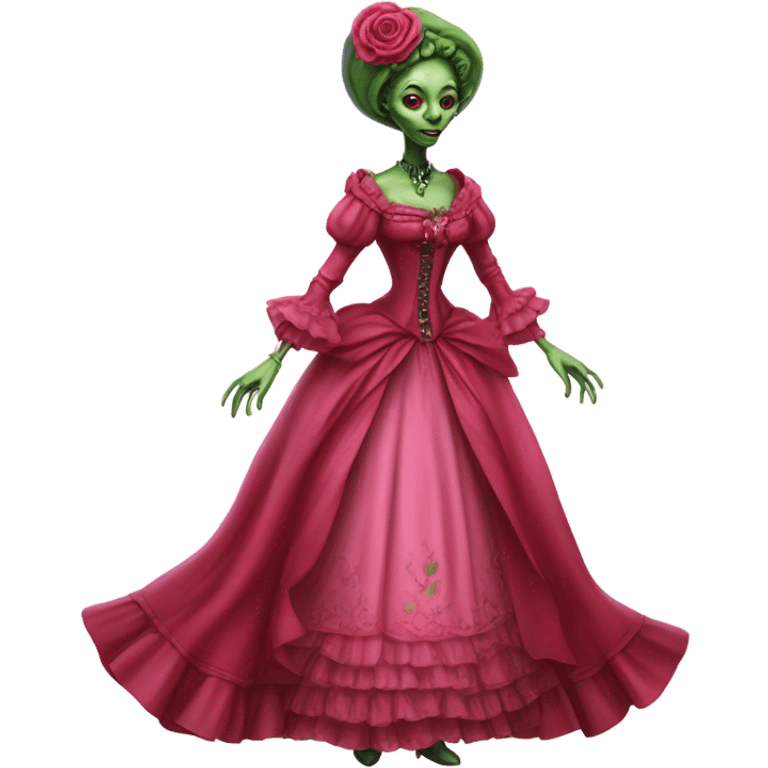 "green alien woman" galora in red pink Victorian dress elegant, full body emoji