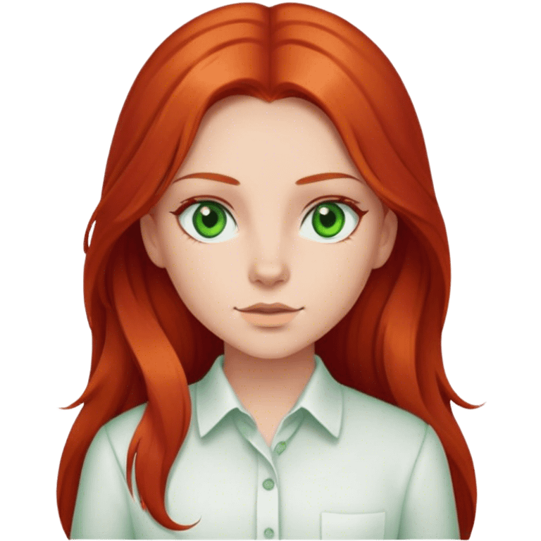 Girl with middle part long red hair and green eyes white shirt emoji