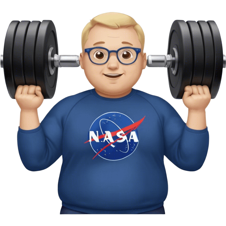 happy chubby man, lifts weights,  blond short and hight receding hairline, wearing a dark blue sweatshirt, nasa logo on the sweatshirt, round glasses without frame, 40 years old emoji