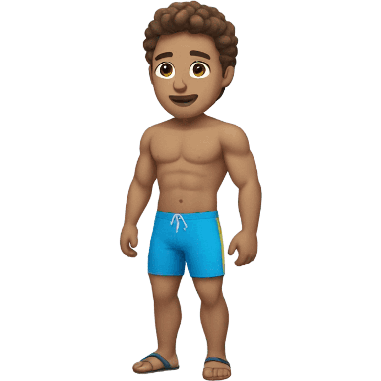 Man with brown hair blue yes muscular in swim trunks emoji