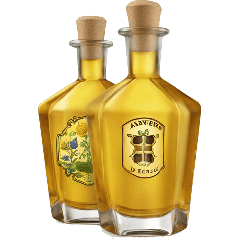 Elixir d'Anvers is a Belgian herbal liqueur known for its unique octagonal bottle and yellow color. The bottle has an octagonal base and body that taper slightly towards the top, with a short cylindrical neck and wide shoulders. emoji