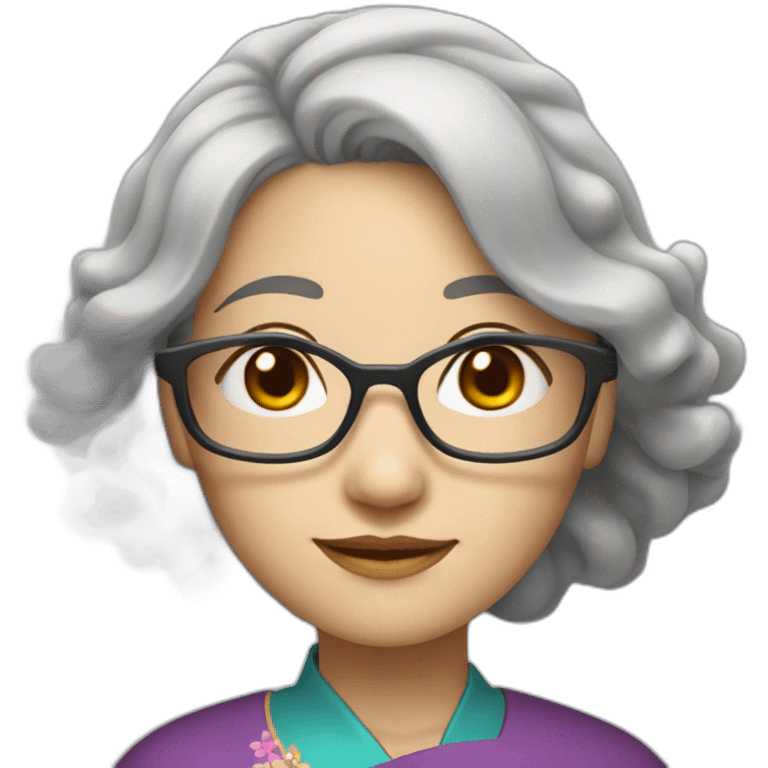 Chinese lady with lightly wavy grey hair to the shoulder lens wear glasses with Chinese dress emoji