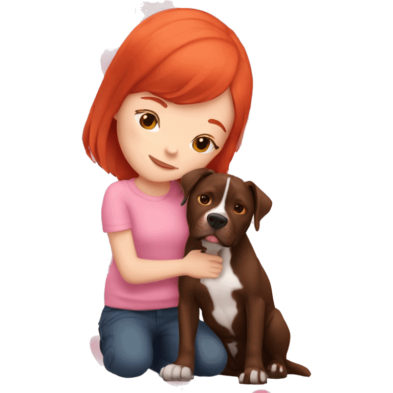 Girl with red hair kissing big black pitbull dog, pink hearts emoji