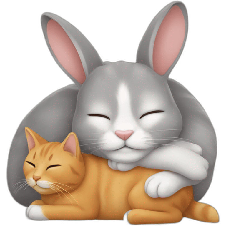 A rabbit and a cat sleeping together  emoji