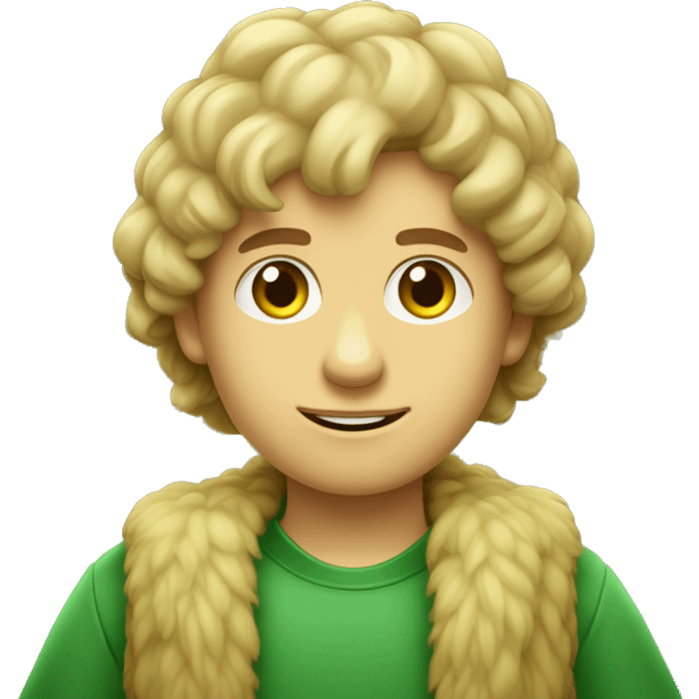 um menino de cabelo liso amarelo de olhos castanhos com roupa verde e pele beje clara emoji