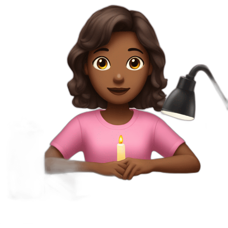 a girl with dark brown hair lights pink candles and studies at her desk emoji