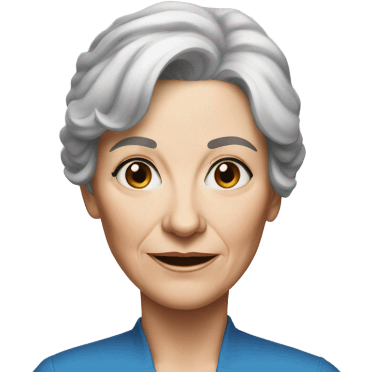 realistic portrait of a older woman with shorter brown hair and a few silver streaks and blue eyes  emoji