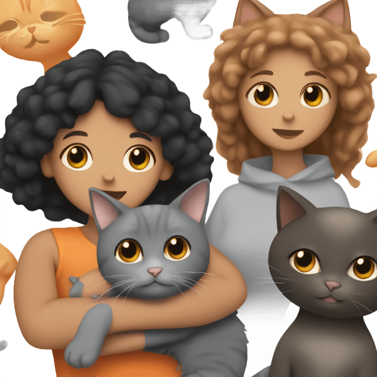 tan skinned girl with black layered hair holding a gray fluffy cat, orange fluffy cat and gray kitten emoji