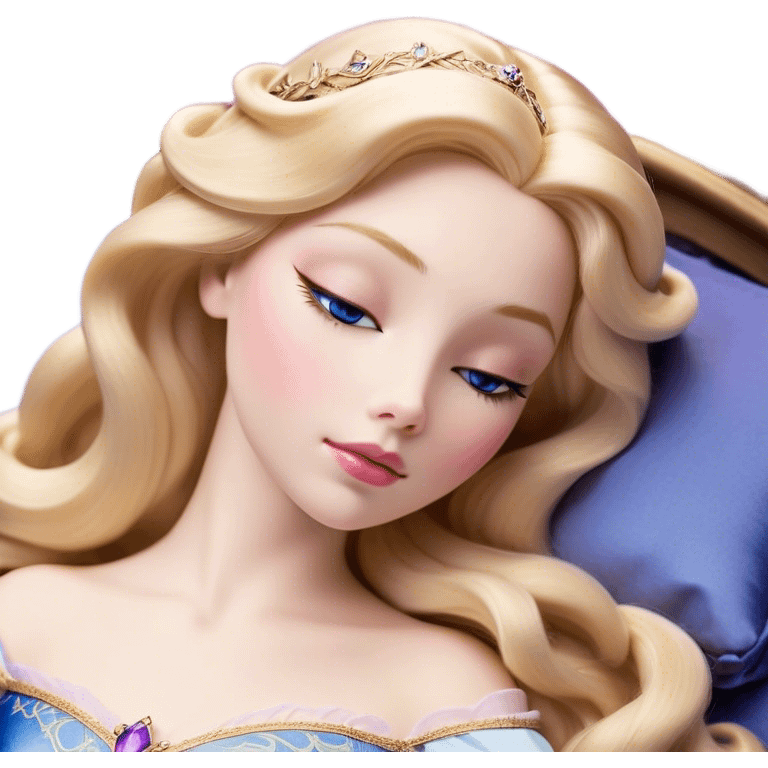 Cinematic Realistic Sleeping Beauty (Aurora) Portrait, with porcelain-like skin featuring a natural rosy flush, illuminated by soft lighting that highlights the gentle contours of her face. Her golden blonde hair flows in soft, detailed waves with subtle highlights that shimmer in the light. Her deep violet-blue eyes radiate warmth and innocence, framed by arched brows and long lashes. Her serene expression exudes quiet elegance. She is dressed in her classic pink gown, the fabric rich in texture with delicate folds that catch the light. A golden crown rests atop her head, gleaming with royal refinement. The portrait captures a soft, glowing aura, blending realism with an ethereal sense of beauty and timeless enchantment. emoji