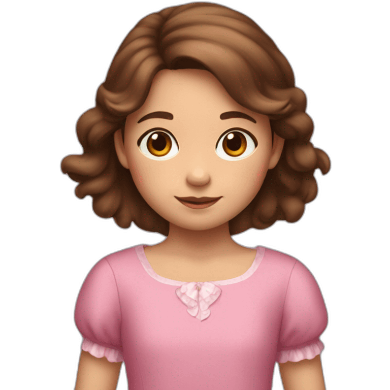 An 8-year-old girl with brown hair in a pink dress and a bear in her hands emoji