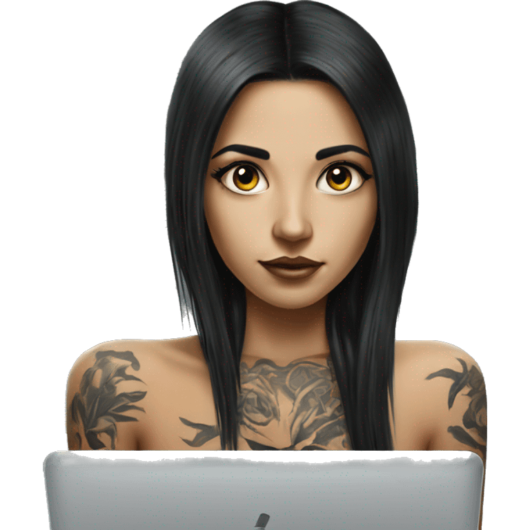 Hyperrealistic girl with black long hair tattoos laptop emoji